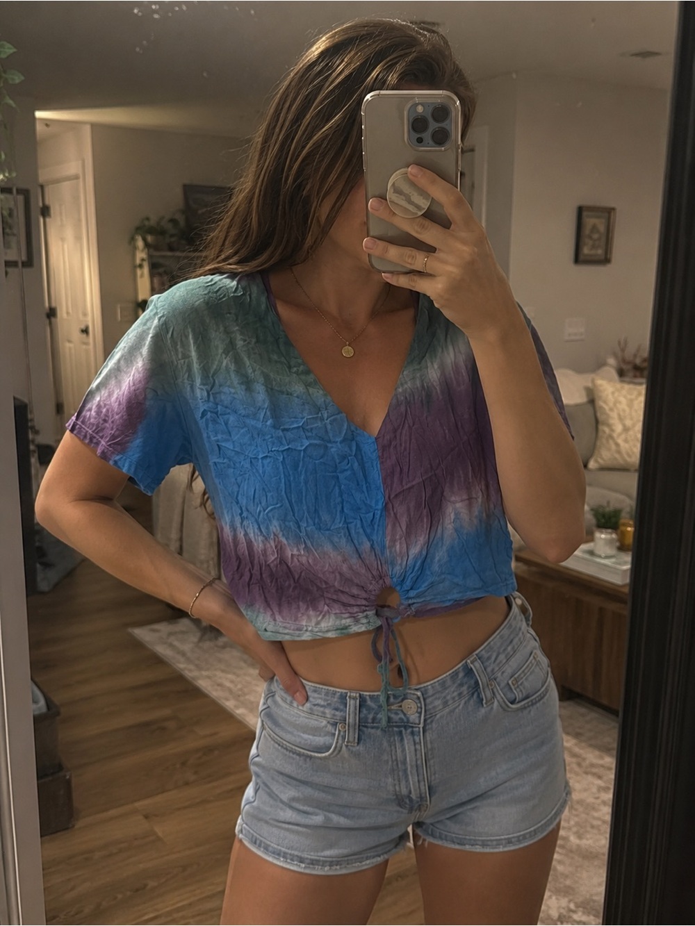 Tie-Dye V-Neck Crop Top with Front Tie - Blue & Purple